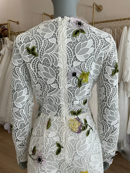 Monique Lhuillier - Structured Long Sleeve Dress Silk White Guipure Lace (12)