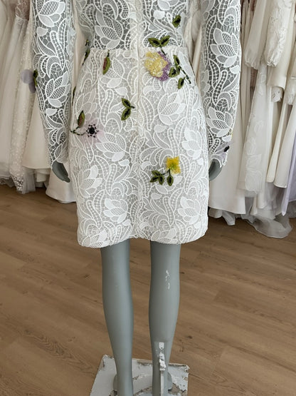 Monique Lhuillier - Structured Long Sleeve Dress Silk White Guipure Lace (12)