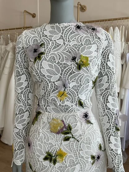 Monique Lhuillier - Structured Long Sleeve Dress Silk White Guipure Lace (12)