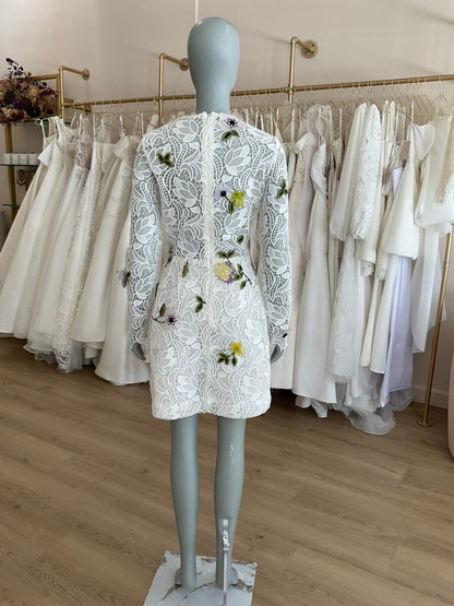 Monique Lhuillier - Structured Long Sleeve Dress Silk White Guipure Lace (12)