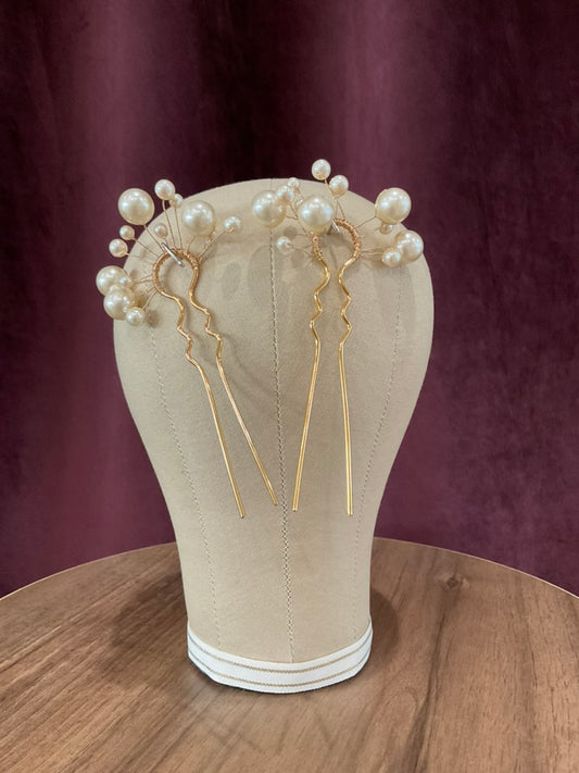 Cocoe Voci - Set of Two Atomic Ivory Pearl and Gold Hairpins