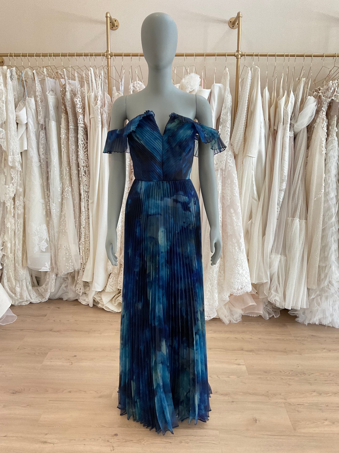 Theia - Off-the-Shoulder Pleated Printed Organza Gown