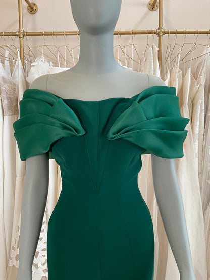 Gaby Charbachy - Emerald Off Shoulder Crepe Gown