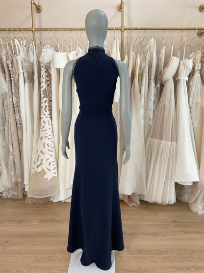 ML by Monique Lhuillier - Navy Crepe Halter High/Low Gown