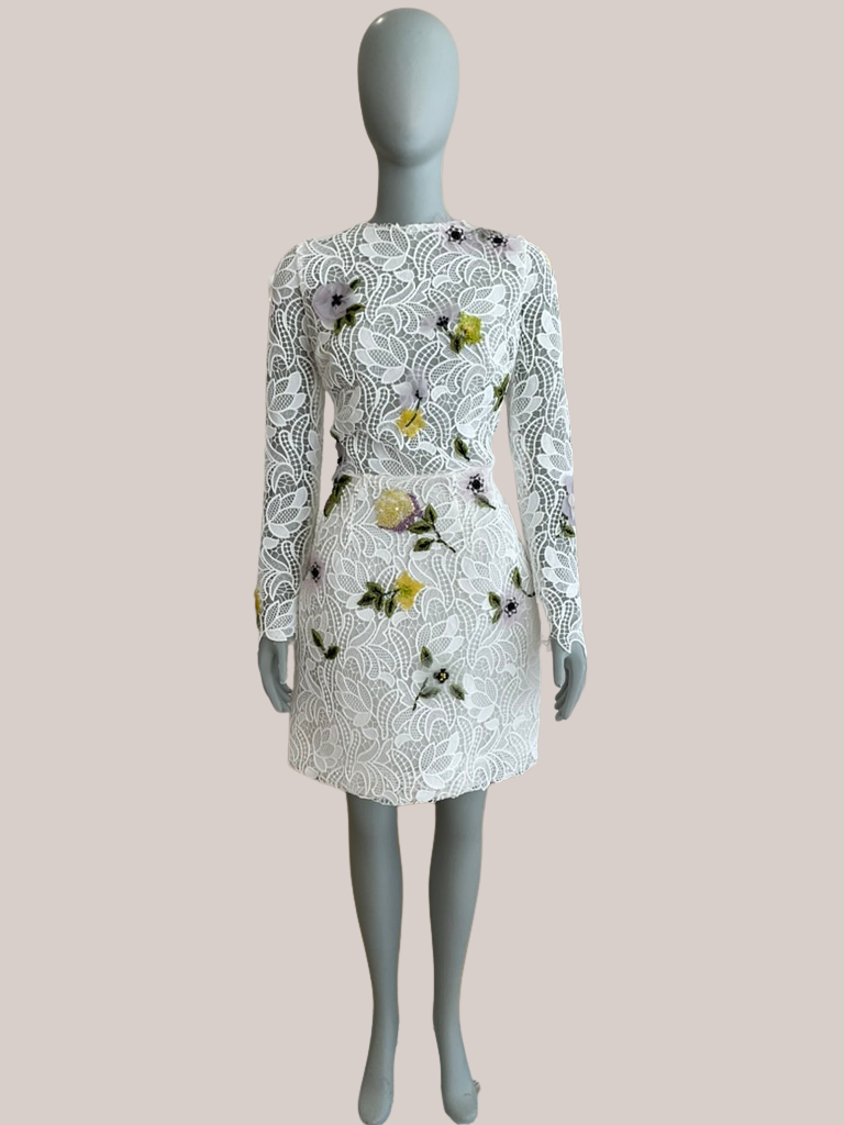 Monique Lhuillier - Structured Long Sleeve Dress Silk White Guipure Lace (12)