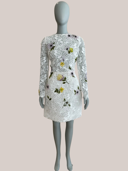 Monique Lhuillier - Structured Long Sleeve Dress Silk White Guipure Lace (12)